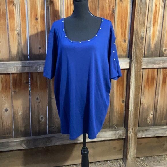 Quaker Factory top cold shoulder blue short sleeve beading plus Sz 3X - Picture 1 of 6